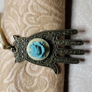 HANDMADE Rose cameo hamsa pendant necklace cream blue antique brass tone NWT!